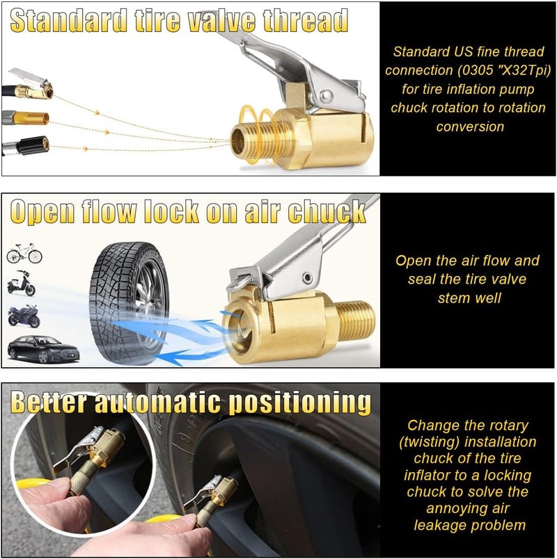 GLSOWEE Brass Tire Air Chuck with Clip Adapter, Portable No Leakage Air Chuck, Locking Tire Inflator Thread Nozzle Adapter Compressor Pump Connect Accessories Tool for Vehicle - Image 3